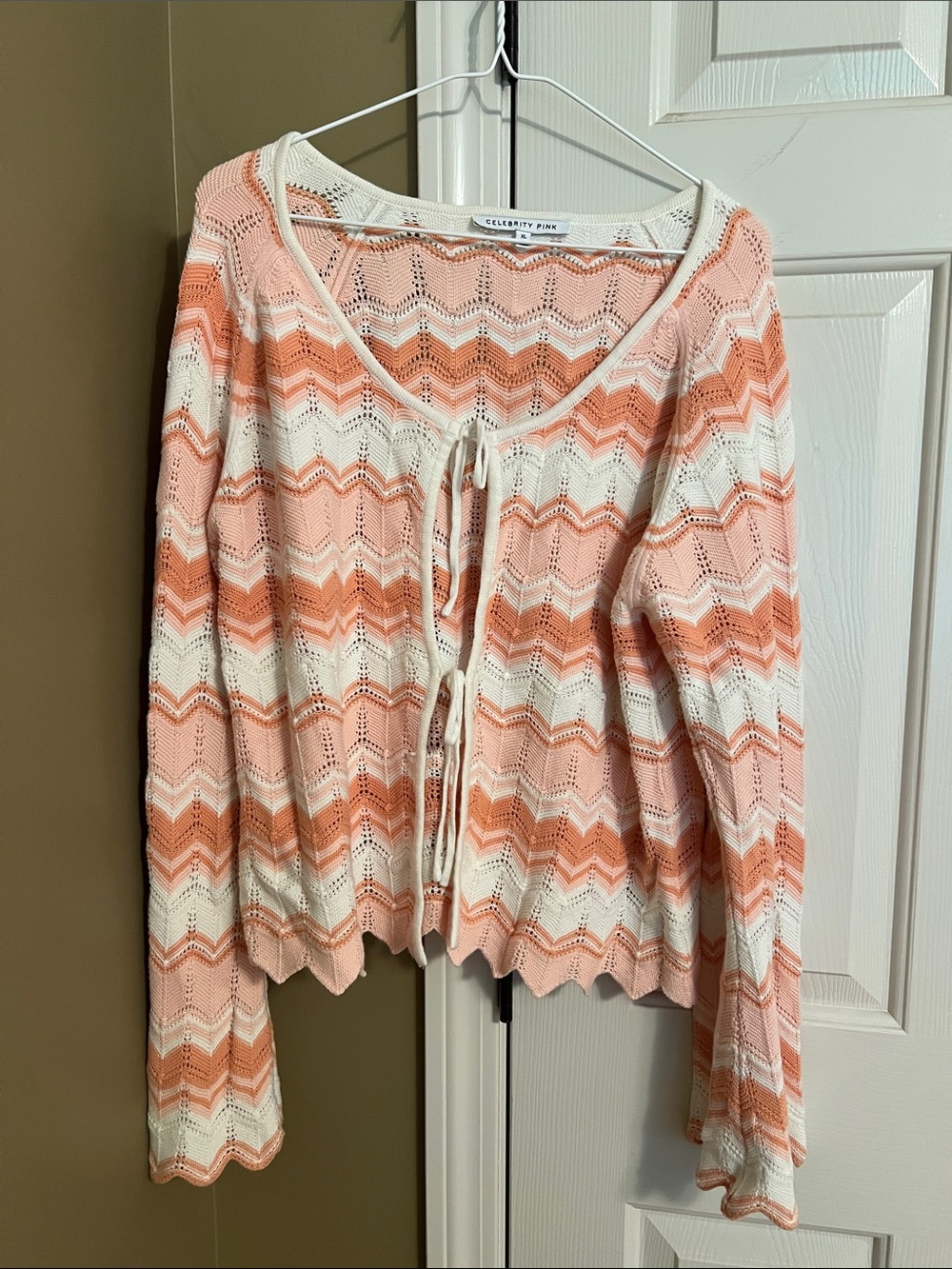 Celebrity Pink Peach & Cream Chevron Tie-Front Cardigan